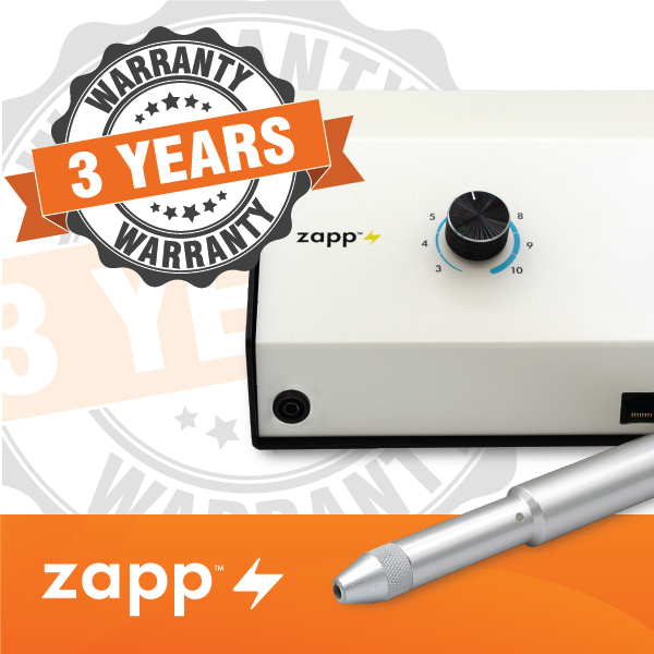 Infographic about the Zapp permanent jewelry welder with a 3 year warranty badge