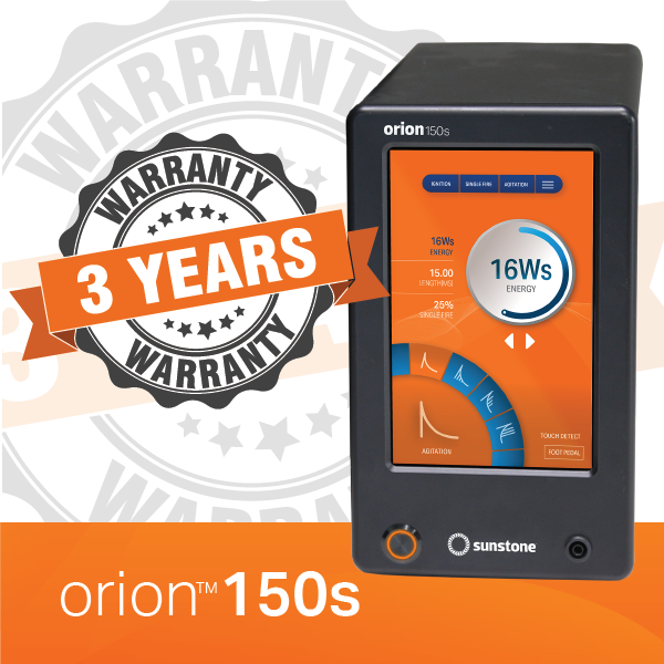 A picture of the Orion 150s Permanent Jewelry welder with a 3 year warranty badge over it.