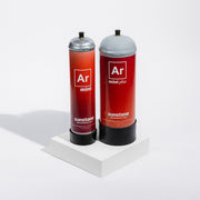 Two red cylindrical gas tanks with 'Ar' (Argon) Sunstone PJ branding on a white background