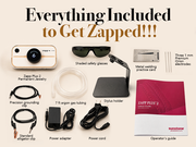 A product infographic titled 'Everything Included to Get Zapped!!!' showing multiple accessories and packaging for the Zapp Plus 2 by Sunstone. Items include the Zapp Plus 2 welding device, safety glasses, metal welding practice card, three 1 mm premium onion electrodes, precision grounding clip, 7 ft argon gas tubing, stylus holder, power adapter, power cord, standard alligator clip, and the operator's guide.