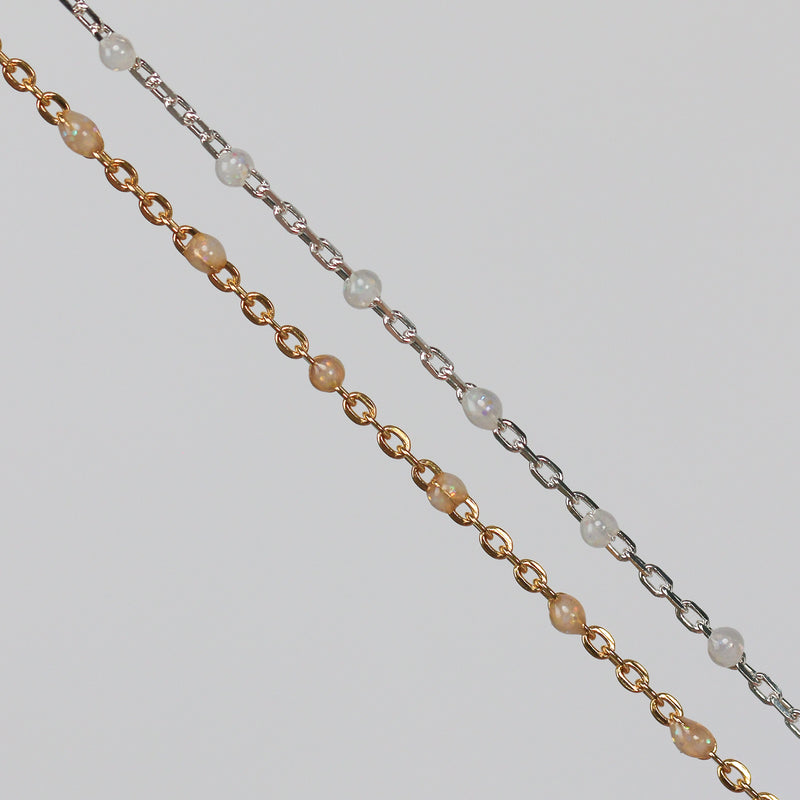 Viviana Permanent Jewelry Chain, White Opal Enamel Design, Cable Links, Available in Gold Filled and Sterling Silver