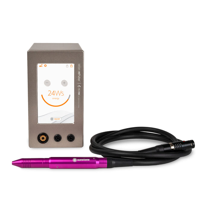 Orion mPulse™ Permanent Jewelry Welder with a V3 pink welding stylus is shown.