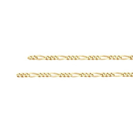 A 14k yellow gold diamond cut figaro chain with twisted links to lie flat, similar to a curb chain.