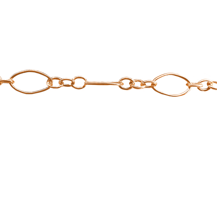 A close-up image of a gold-filled rose colored pj chain with a pattern of larger oval links and smaller round links.