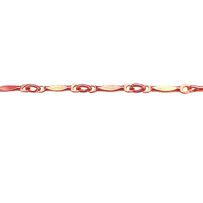 A gold-filled rose colored pj chain with a dapped bar and link design.