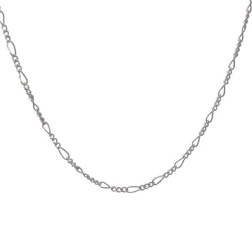 A sterling silver Figaro chain necklace with twisted links, laid out on a plain background.